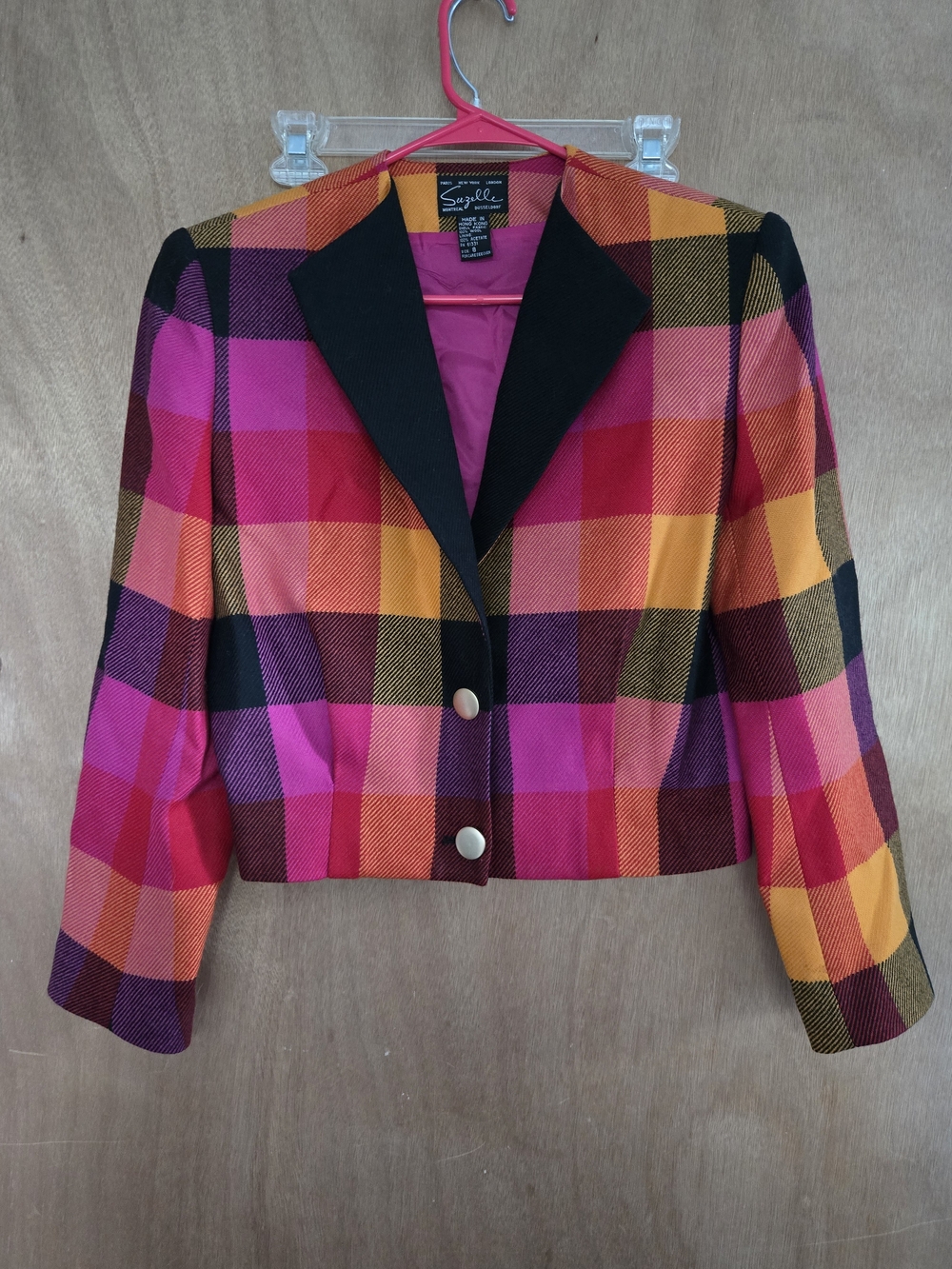 Suzelle Pink Orange Plaid Cropped Blazer with Black Lapel